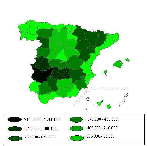 Mapa de España con un análisis por provincias del número de cabezas de ganado ovino para el año 2008 (fuente MARM), en primer lugar destaca la provincia de Badajoz, con un número total de cabezas situado entre 2.600.000 y 1.700.000, y en segundo lugar, las provincias de Cáceres y Ciudad Real, ambas con un número total de cabezas situado en el intervalo de 1.700.000 y 900.000
